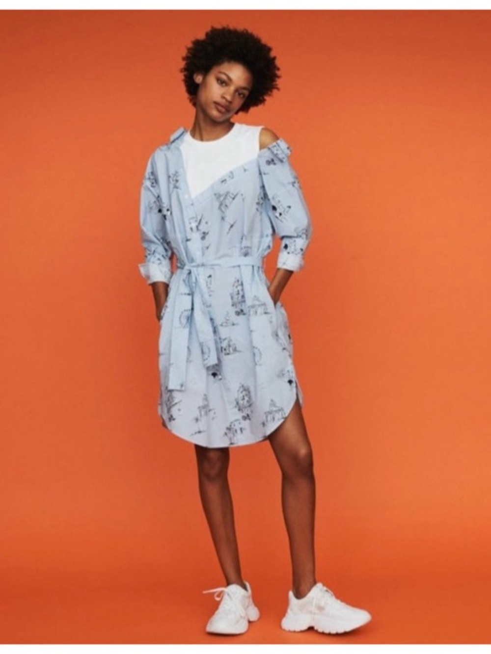 📌 Maje Light Blue Pinstripe Printed Shirt Mini Dress with Tie Belt